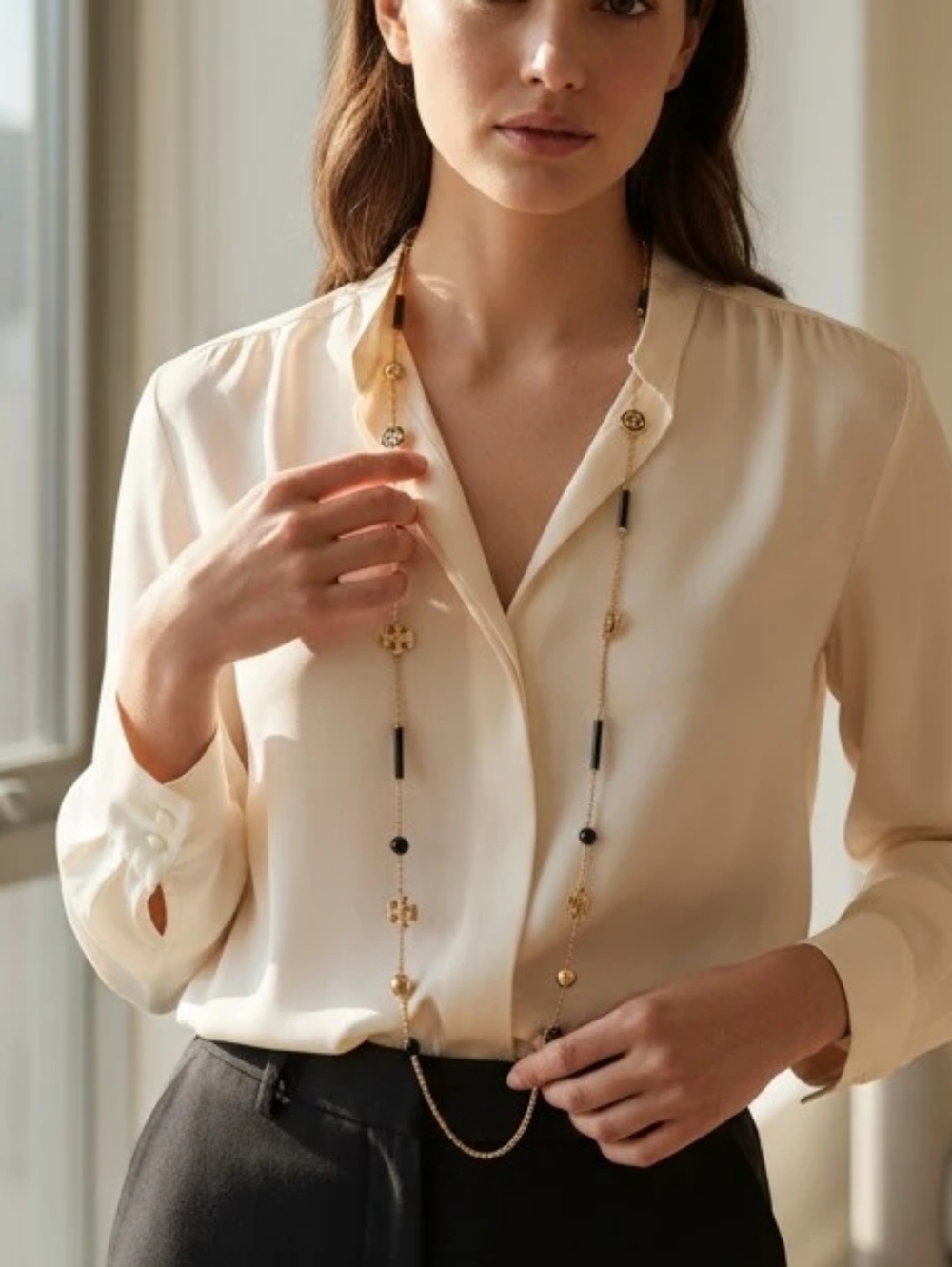 Tory Burch Gold and Black Long Station Necklace